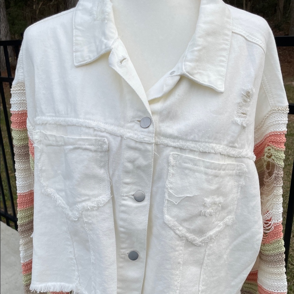 POL White Denim Distressed Jacket Multicolor Striped Crochet sleeves -NWOT - Picture 6 of 7